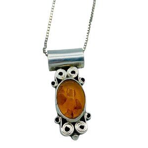 Vintage Mexico Sterling Silver Amber Pendant Necklace Modernist Unique Ethnic
